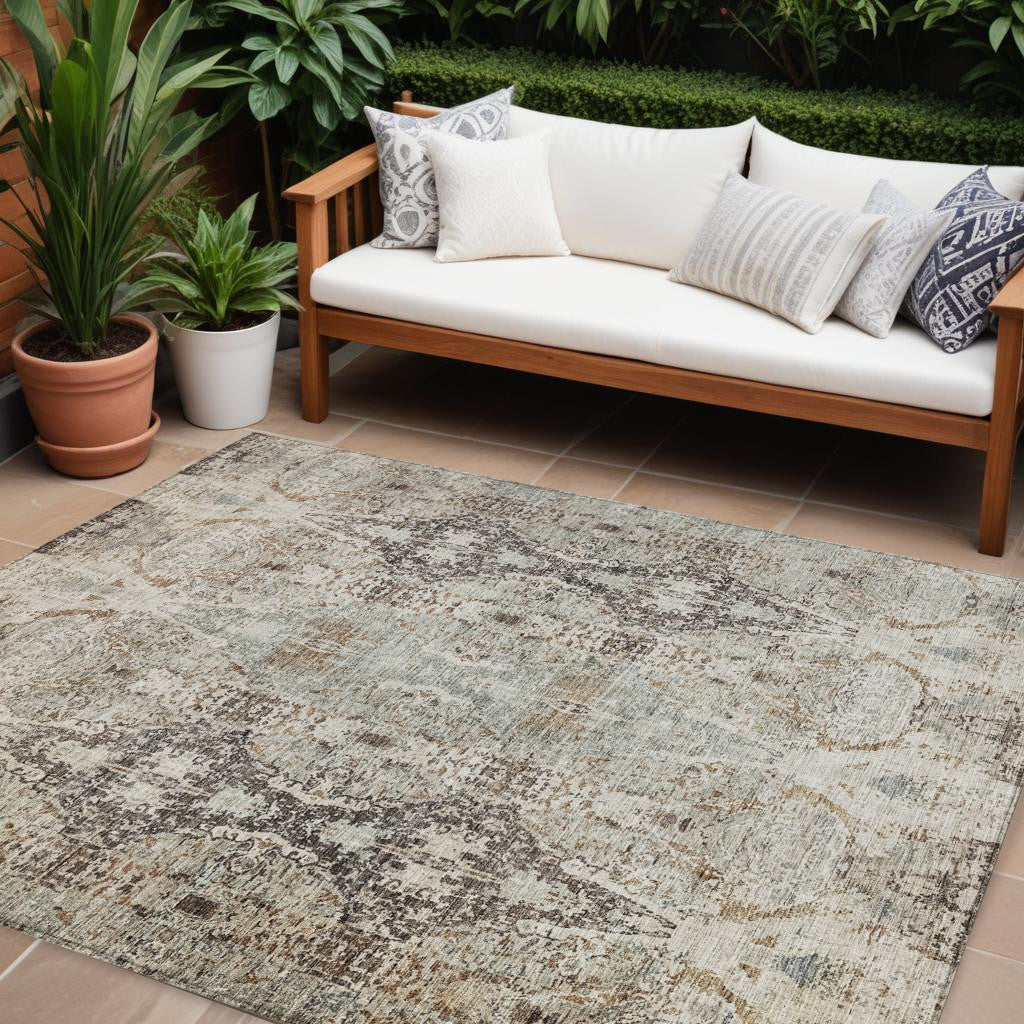 9' X 12' Linen Black And Brown Floral Washable Indoor Outdoor Area Rug