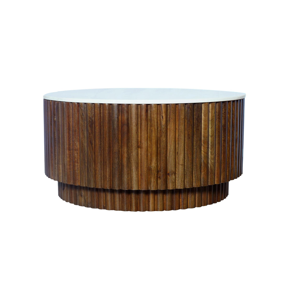 36 Inch Brown Genuine Marble And Solid Wood Round Drum Coffee Table