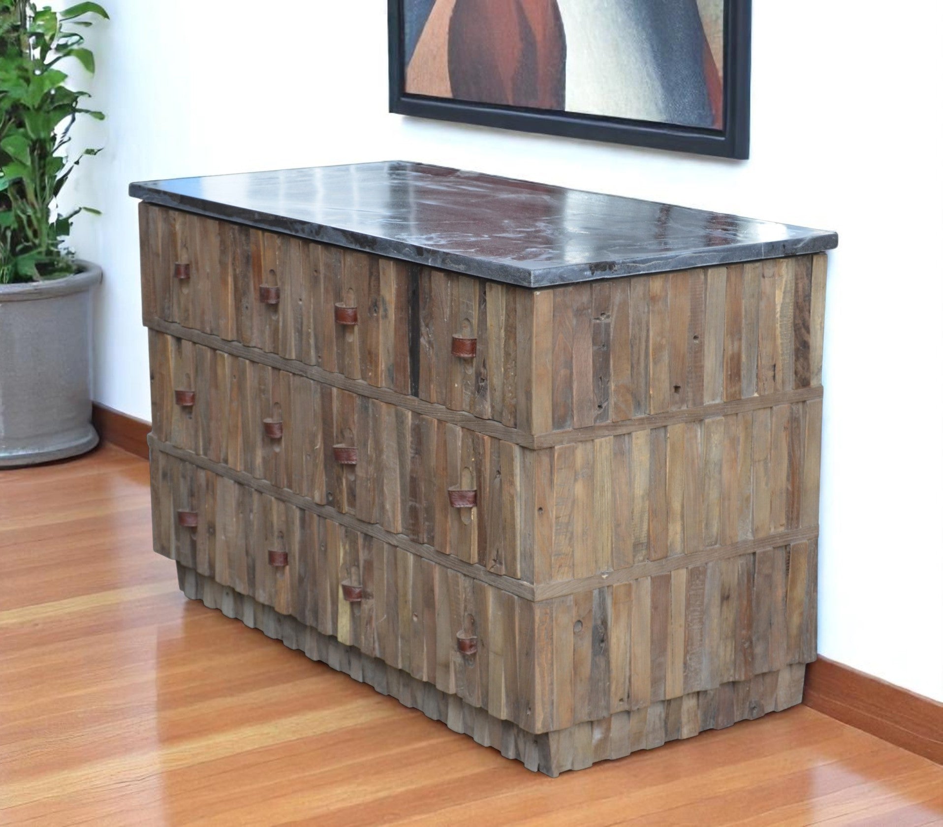 47 Brown Distressed Reclaimed Wood Carved Geometric Six Drawer Buffet Table