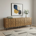 91 Natural Distressed Solid Wood Carved Geometric Sideboard with Six Doors