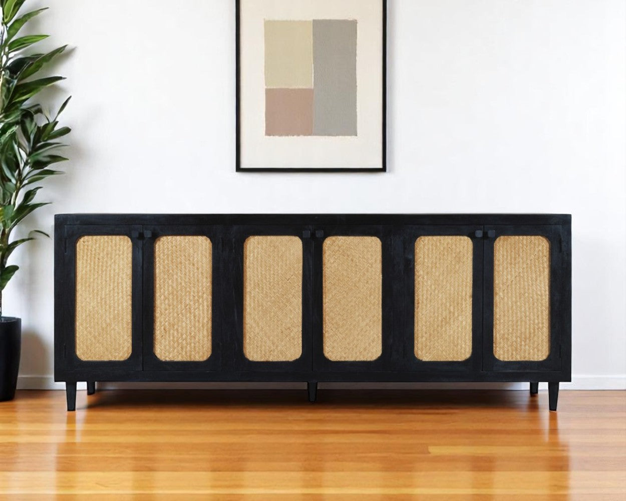 94 Black Distressed Solid Wood Sideboard with Six Doors