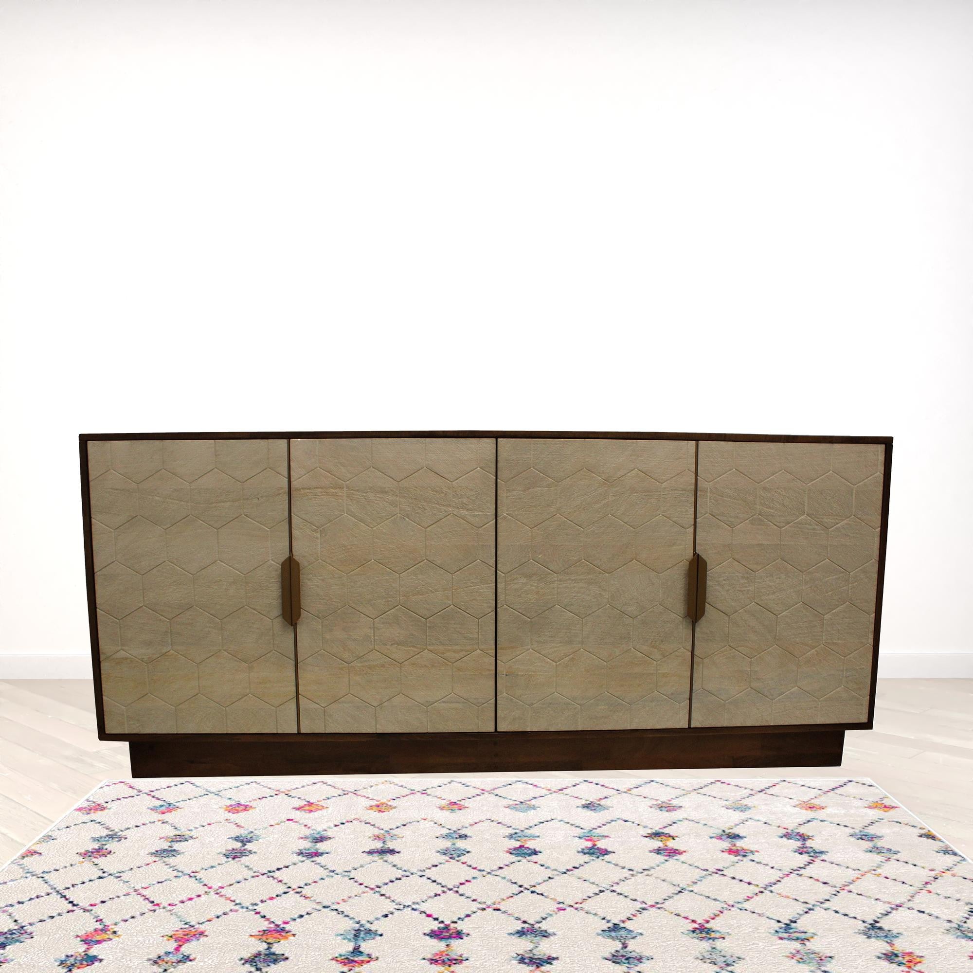 72 Brown And Ivory Distressed Solid Wood Carved Geometric Sideboard with Four Doors