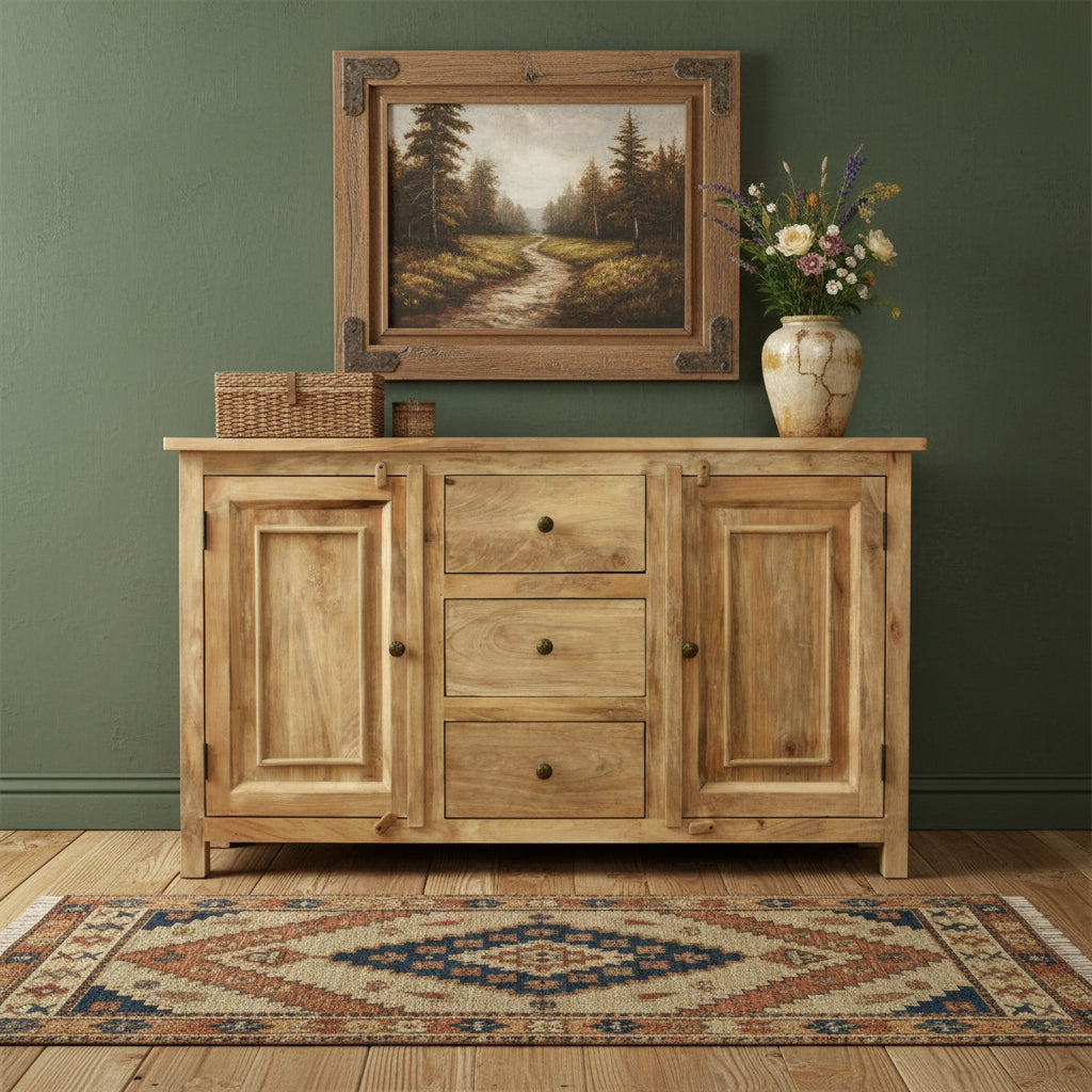 60 Natural Distressed Solid Wood Three Drawer Sideboard With Two Doors