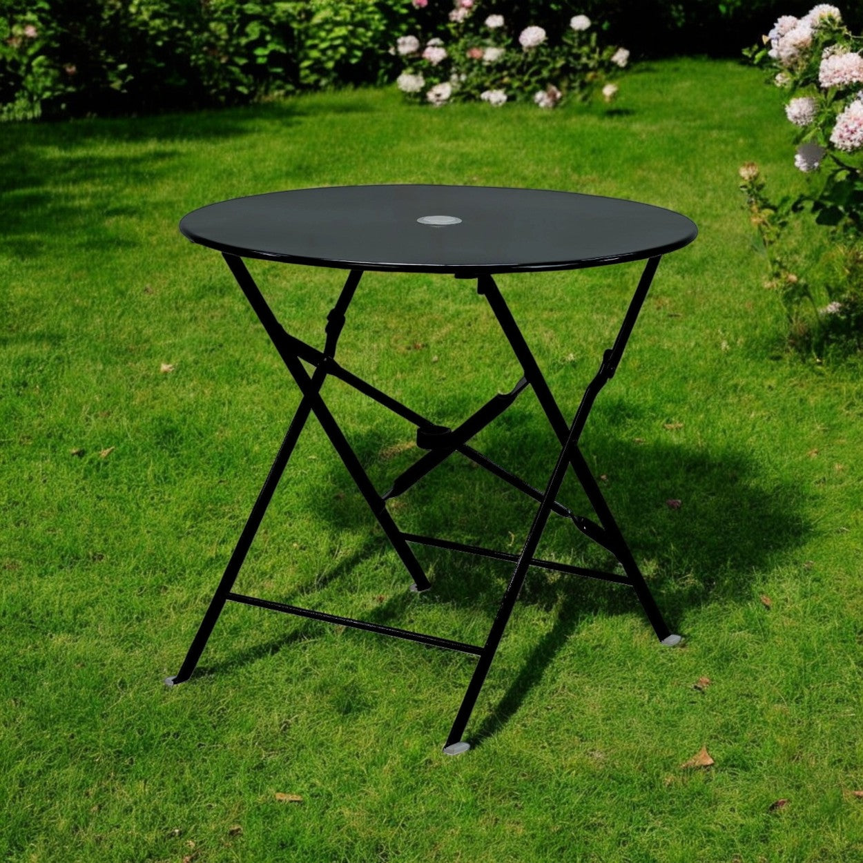 30 Black Rounded Aluminum Folding Outdoor Bistro Table with Umbrella Hole