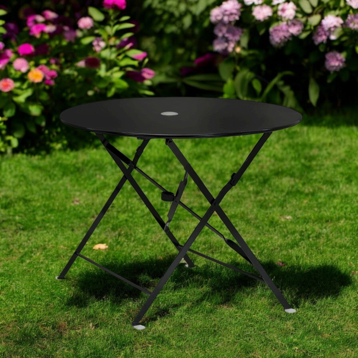 36 Black Rounded Aluminum Folding Outdoor Dining Table with Umbrella Hole