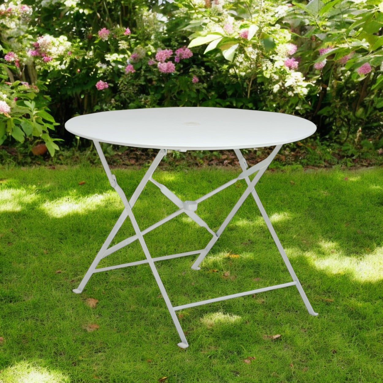 36 White Rounded Aluminum Folding Outdoor Dining Table with Umbrella Hole