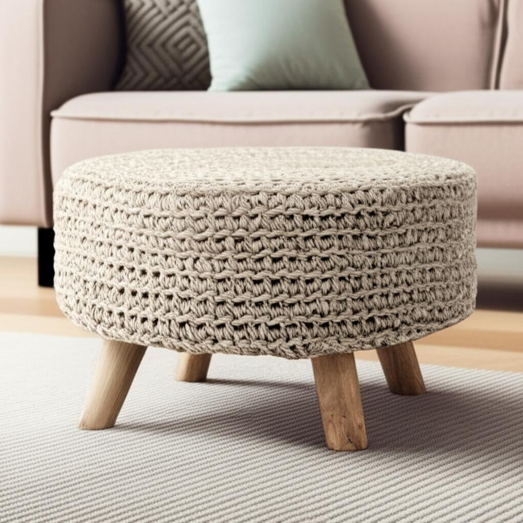 24 Gray and Brown Wool Round Footstool