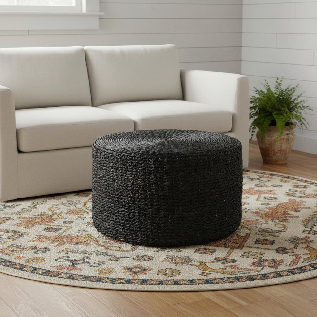 30 Black Water Hyacinth Round Pouf Ottoman