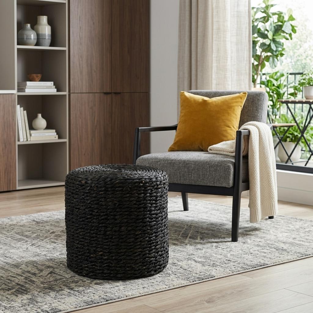 18 Black Water Hyacinth Round Pouf Ottoman