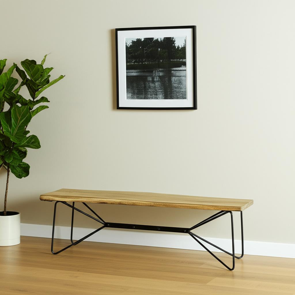 66 Natural and Black Solid Wood Live Edge Bench