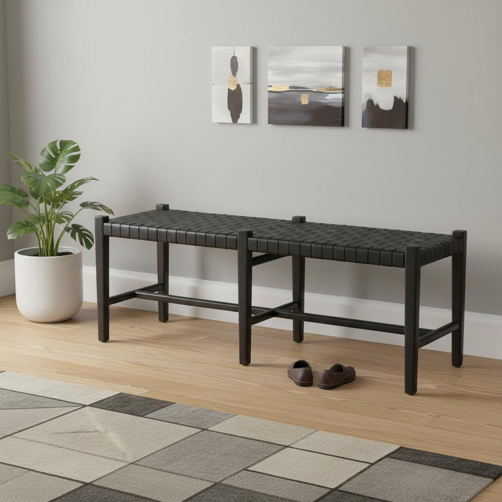52 Black Genuine Leather and Solid Wood Upholstered Bench