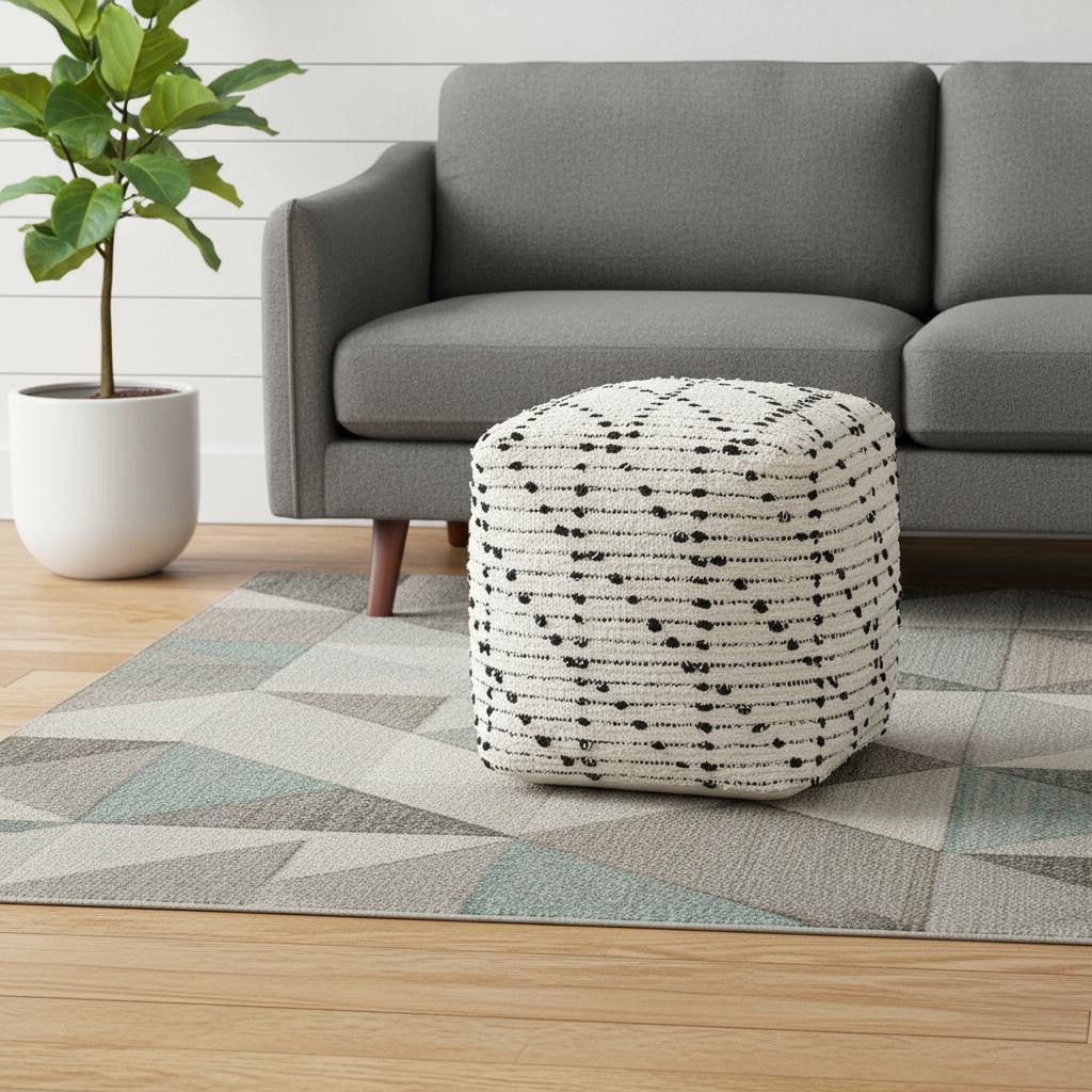 16 Cream And Black Cotton Geometric Cube Pouf Ottoman
