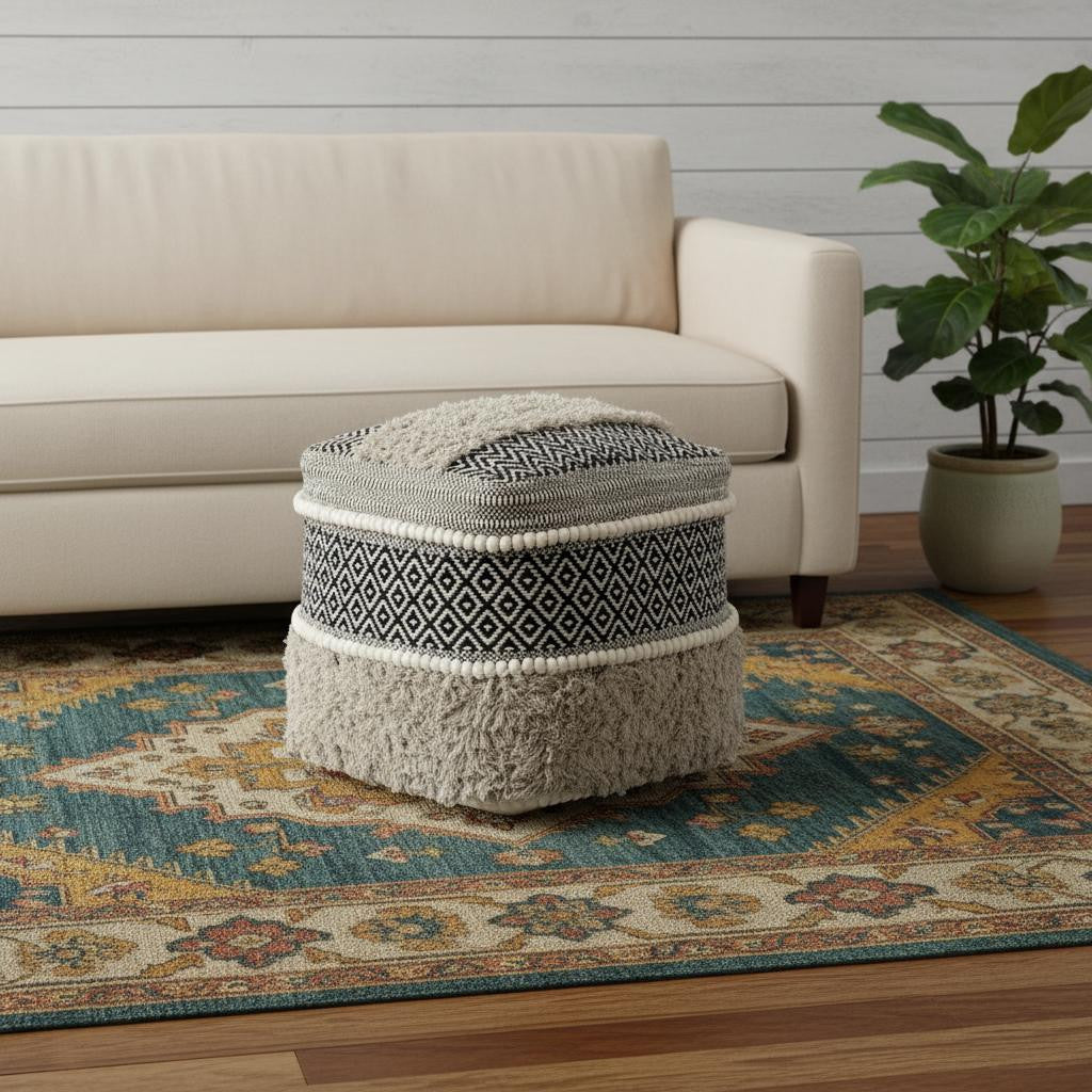 16 Black Gray and White Cotton Geometric Pouf Ottoman