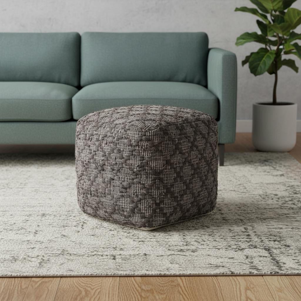 16 Brown and Gray Cotton And Leather Geometric Cube Pouf Ottoman