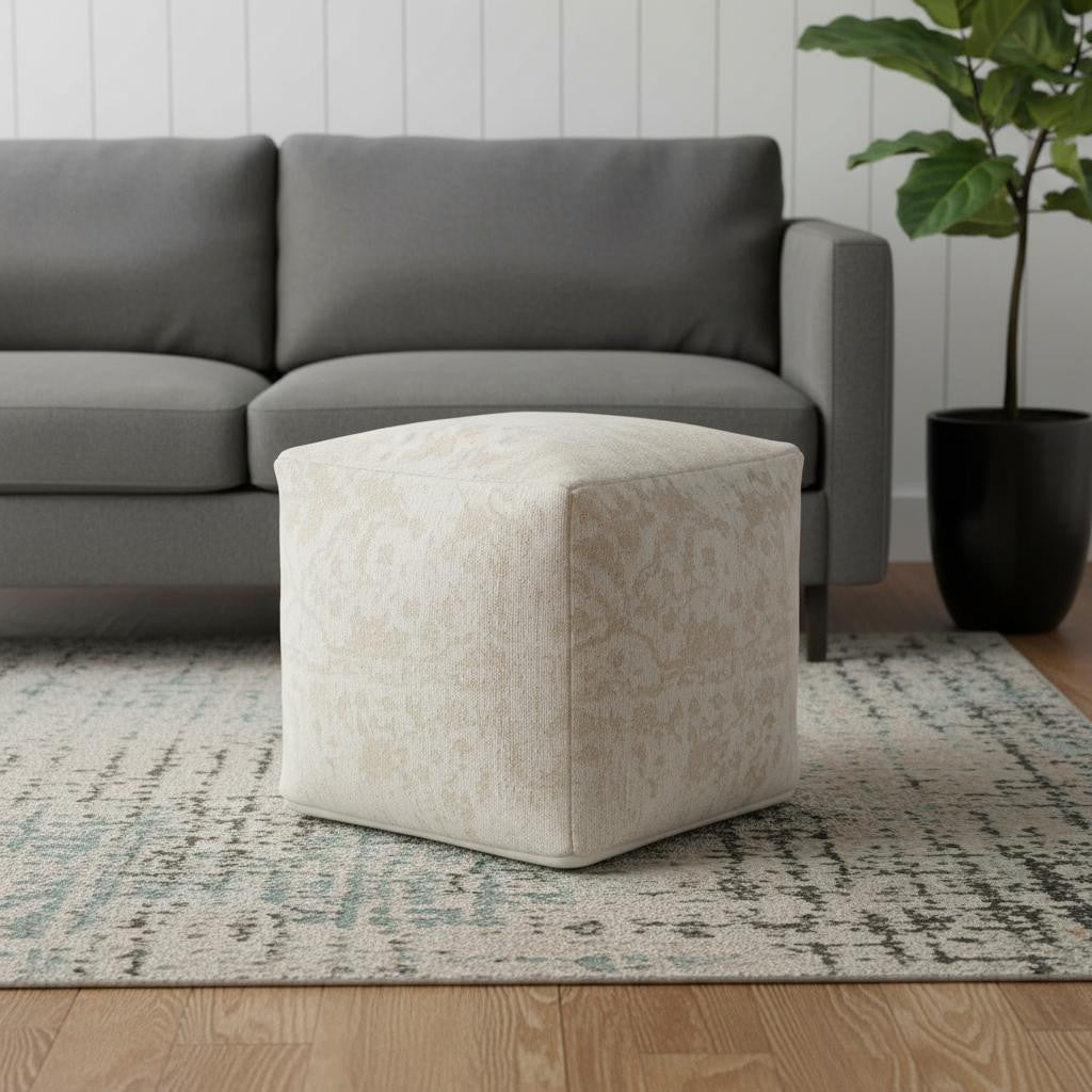 18 Cream and Beige Fabric Damask Pouf Ottoman