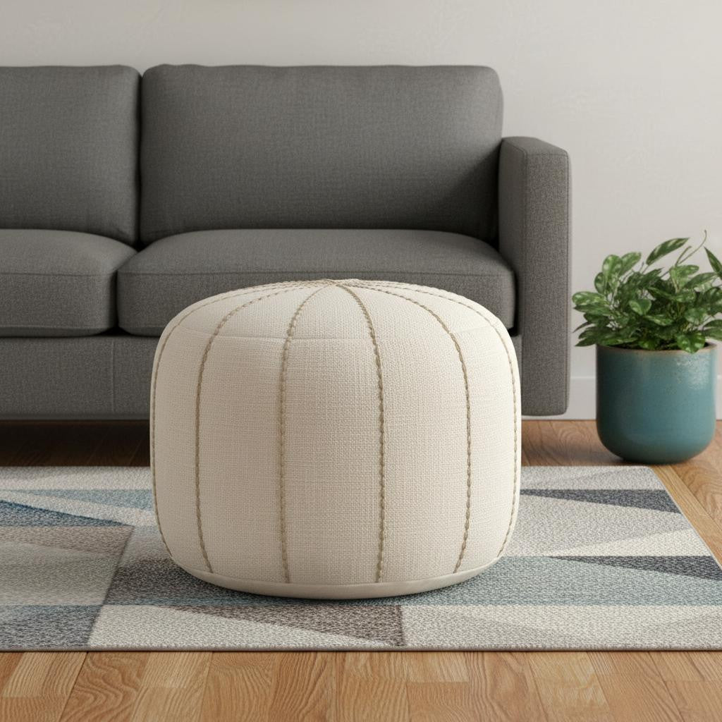 18 Beige and Taupe Fabric Striped Round Pouf Ottoman