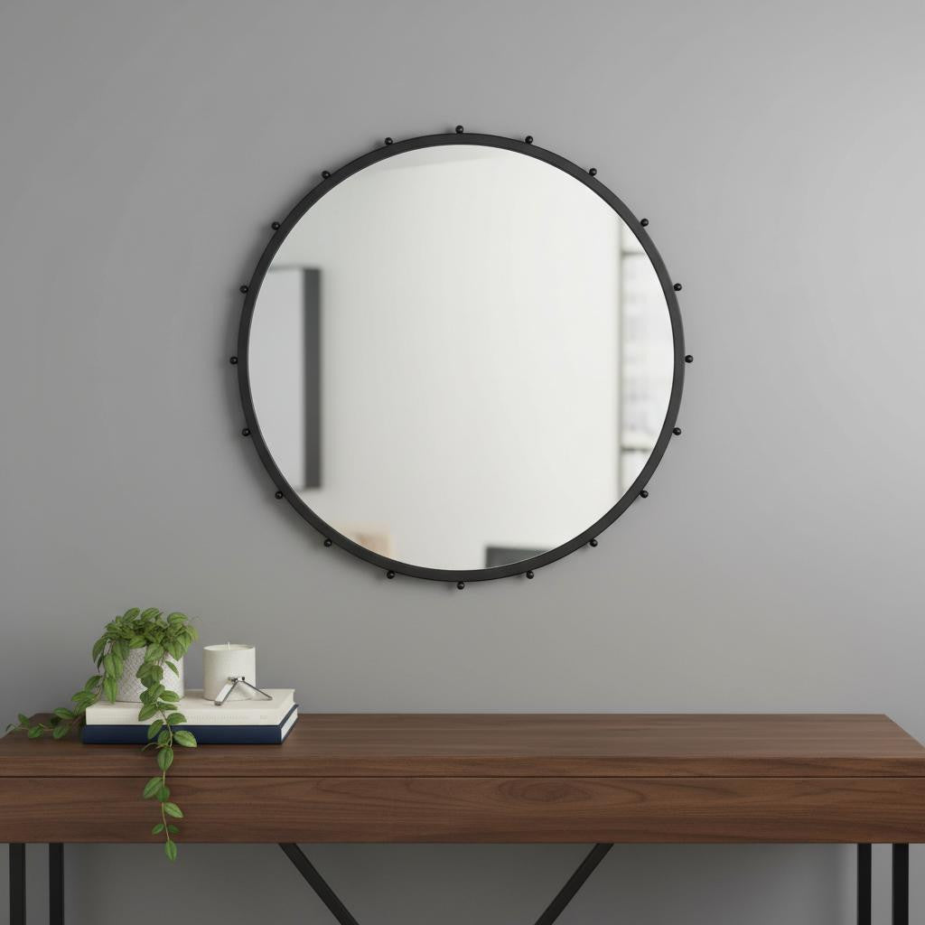 44 Black Metal Round Beaded Framed Accent Mirror