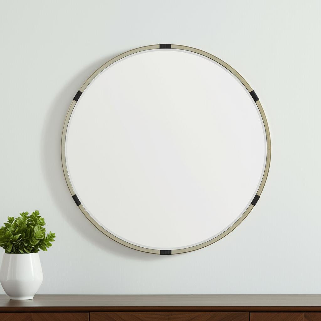 29 Gold And Black Metal Round Framed Accent Mirror