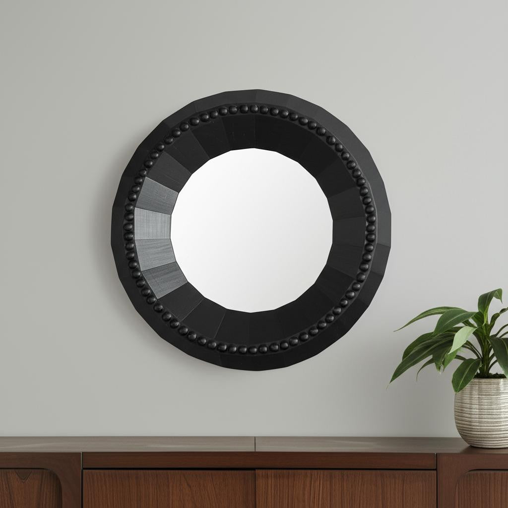 30 Black Solid Wood Faceted And Beaded Round Framed Accent Mirror