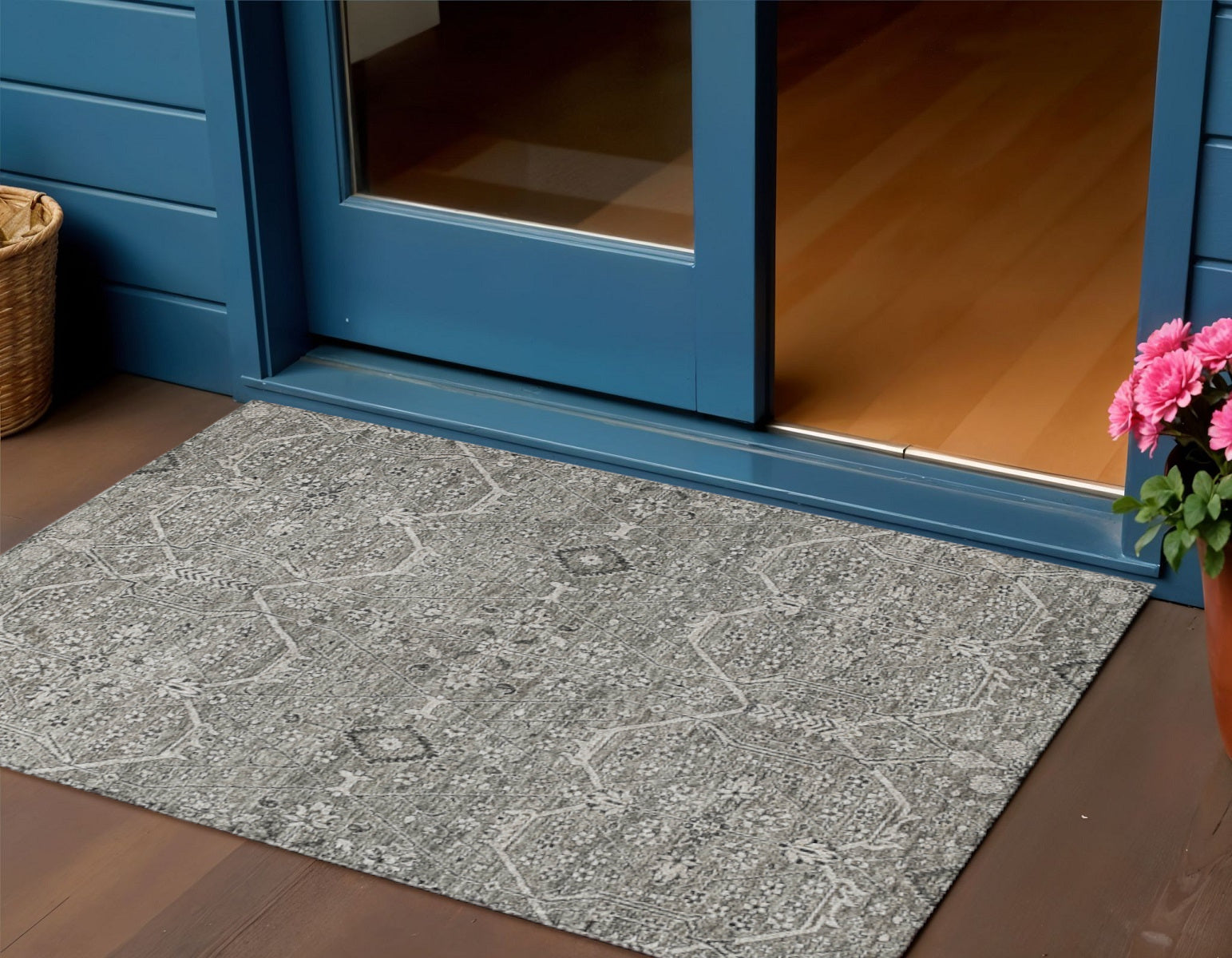 3 X 5 Pewter Floral Washable Indoor Outdoor Area Rug