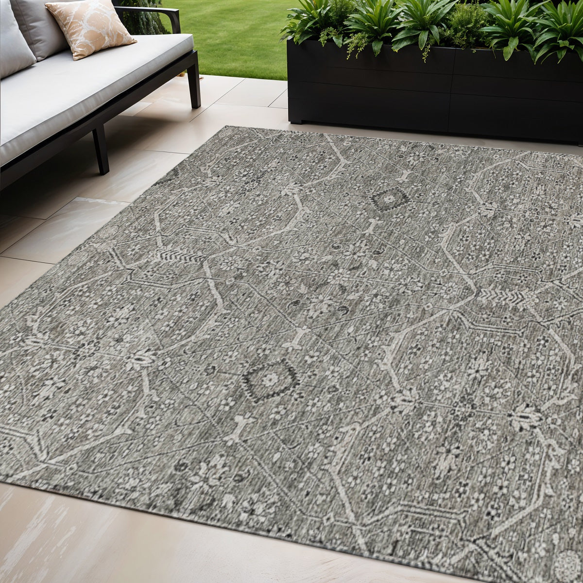 5 X 8 Pewter Floral Washable Indoor Outdoor Area Rug