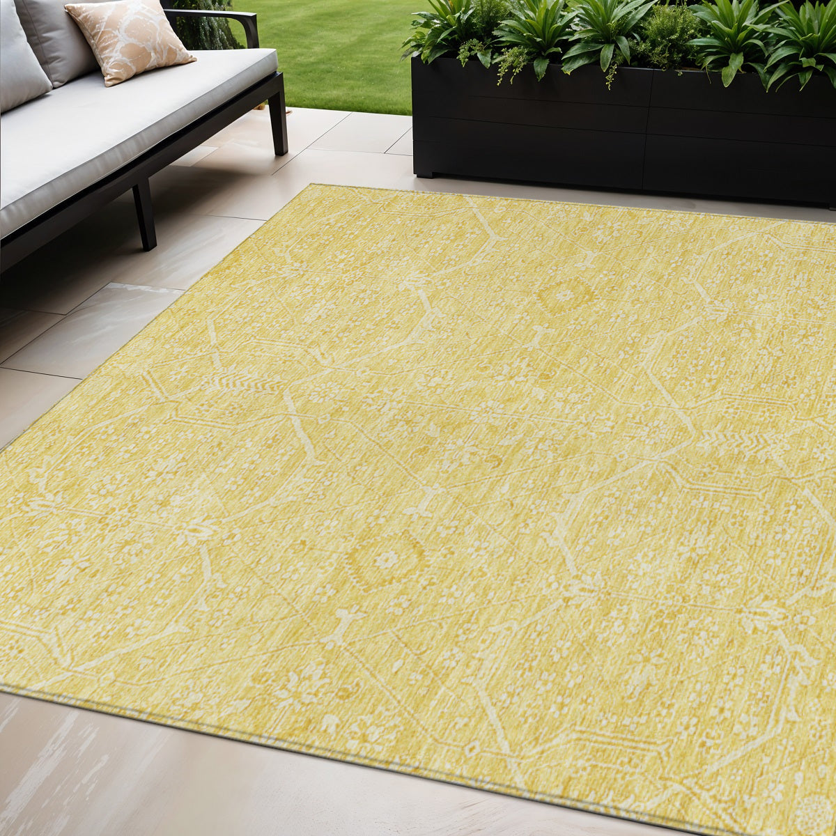 5 X 8 Gold Floral Washable Indoor Outdoor Area Rug