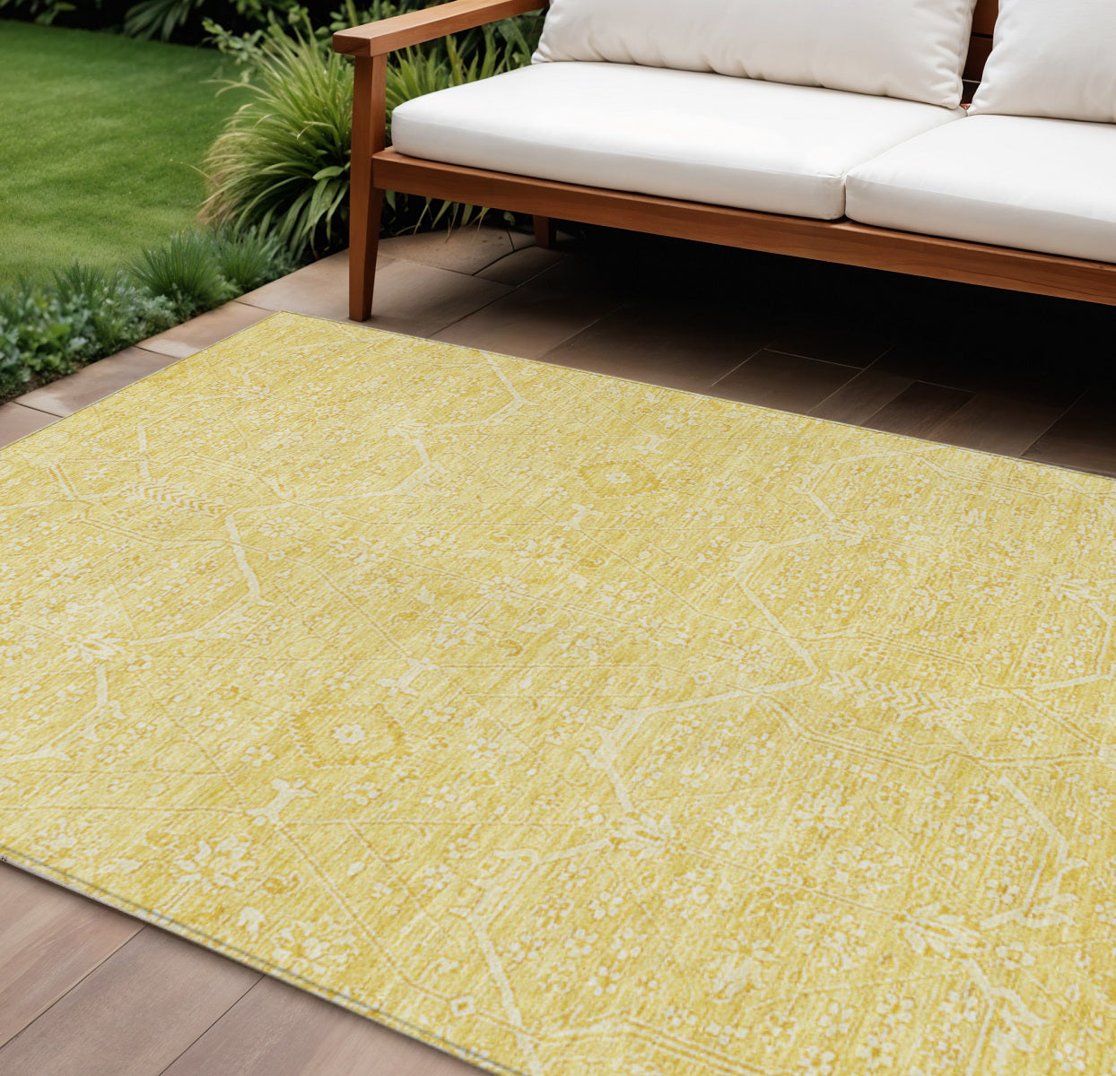 8 X 10 Gold Floral Washable Indoor Outdoor Area Rug