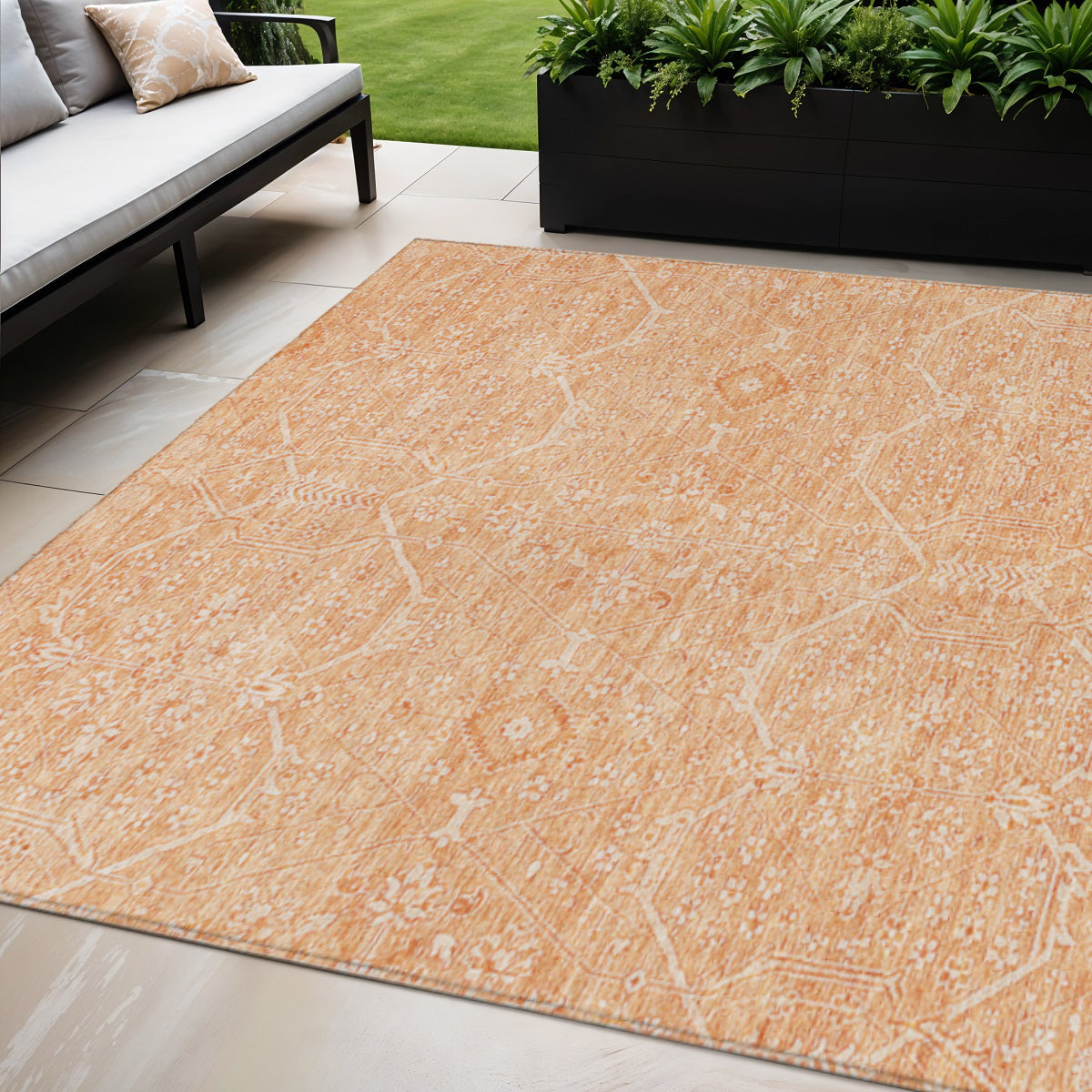 5 X 8 Salmon Floral Washable Indoor Outdoor Area Rug