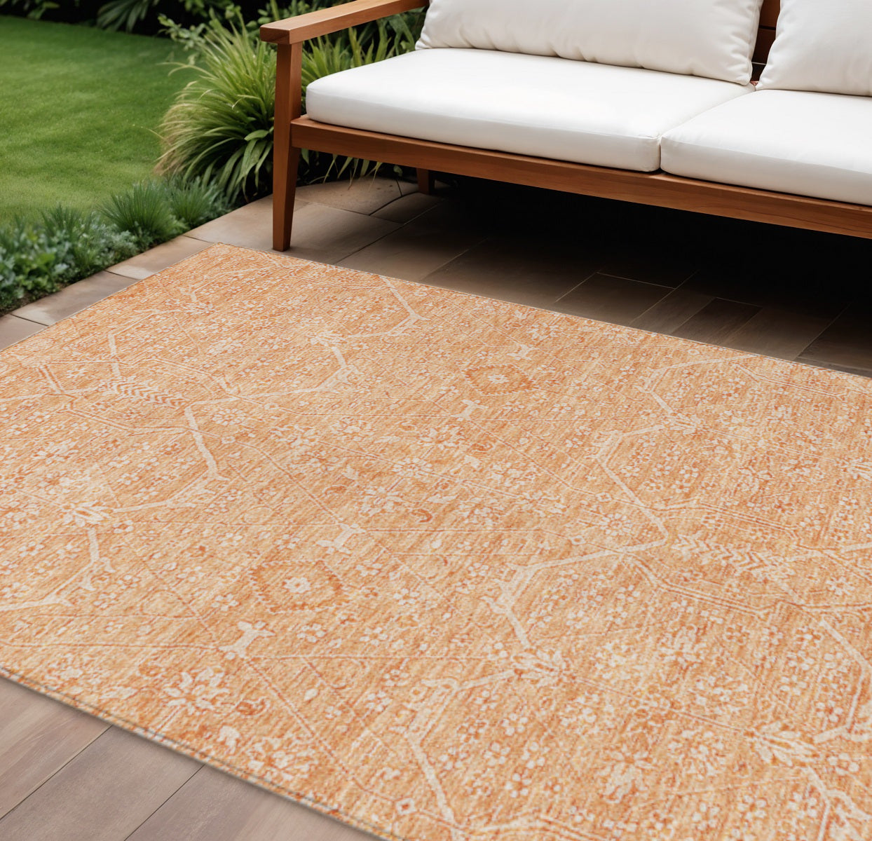 10 X 14 Salmon Floral Washable Indoor Outdoor Area Rug
