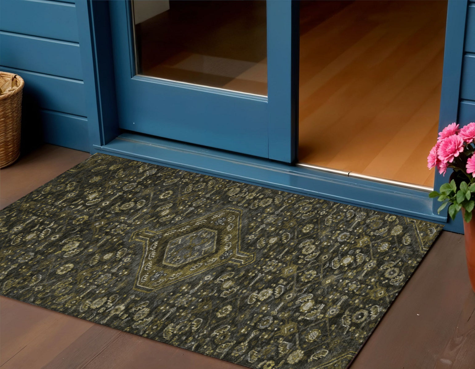 3 X 5 Charcoal Medallion Washable Indoor Outdoor Area Rug