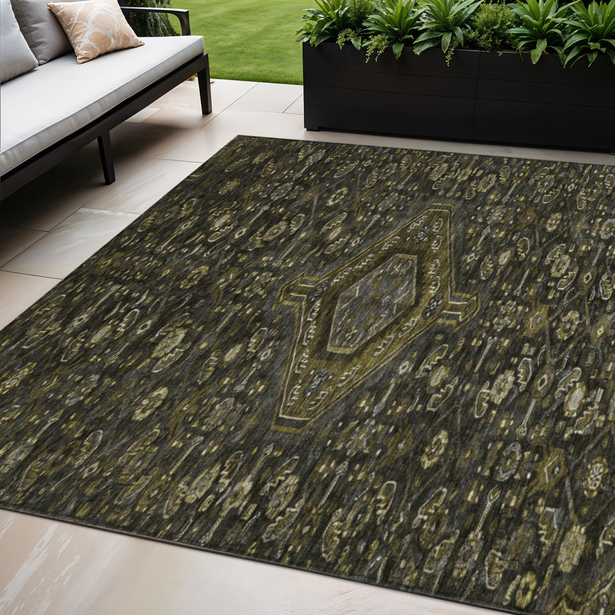 5 X 8 Charcoal Medallion Washable Indoor Outdoor Area Rug