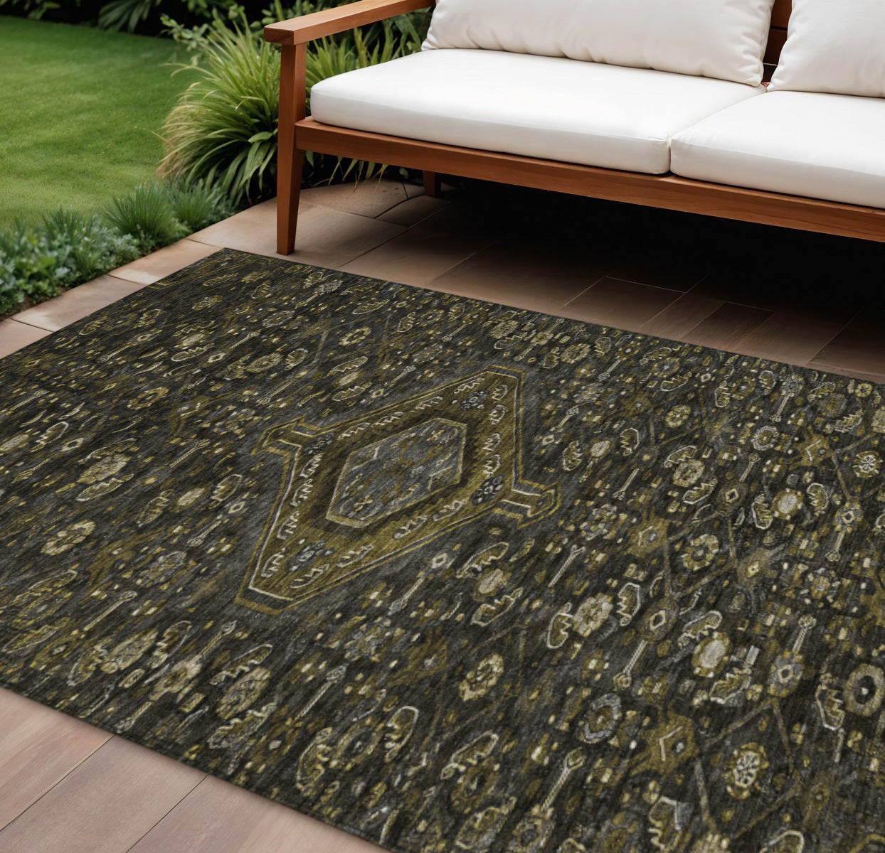 10 X 14 Charcoal Medallion Washable Indoor Outdoor Area Rug