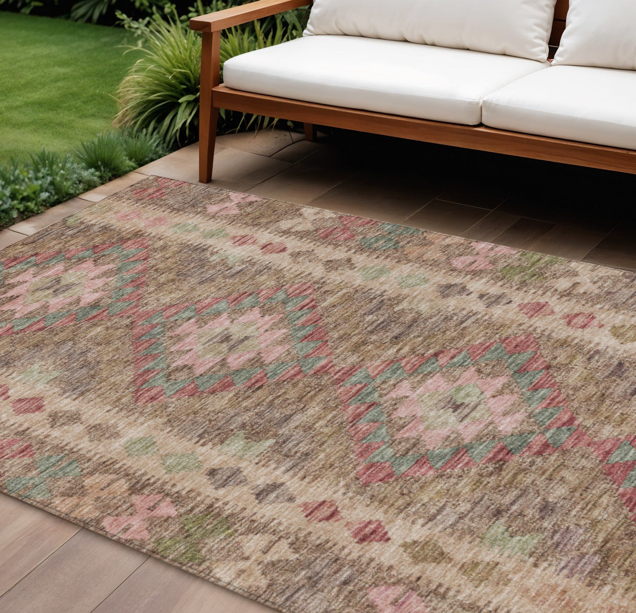8 X 10 Brown Geometric Washable Indoor Outdoor Area Rug