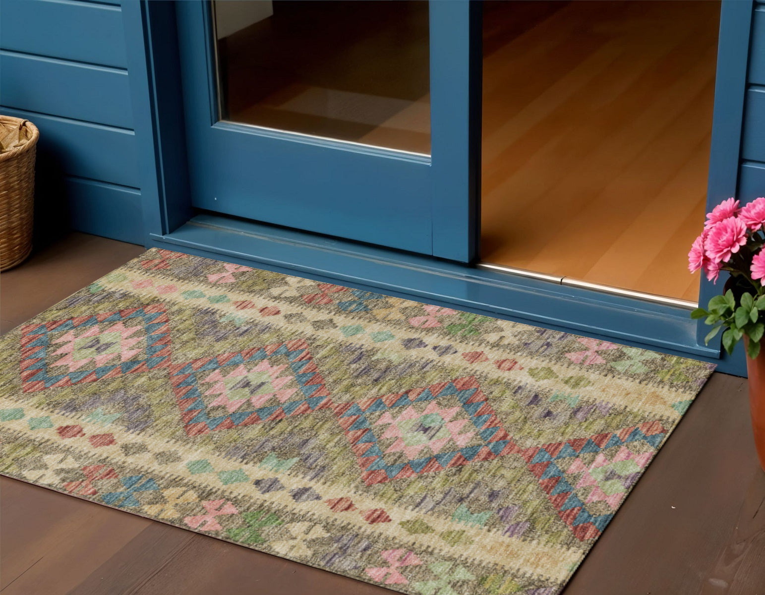 3 X 5 Green Geometric Washable Indoor Outdoor Area Rug