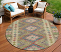 8 Green Round Geometric Washable Indoor Outdoor Area Rug
