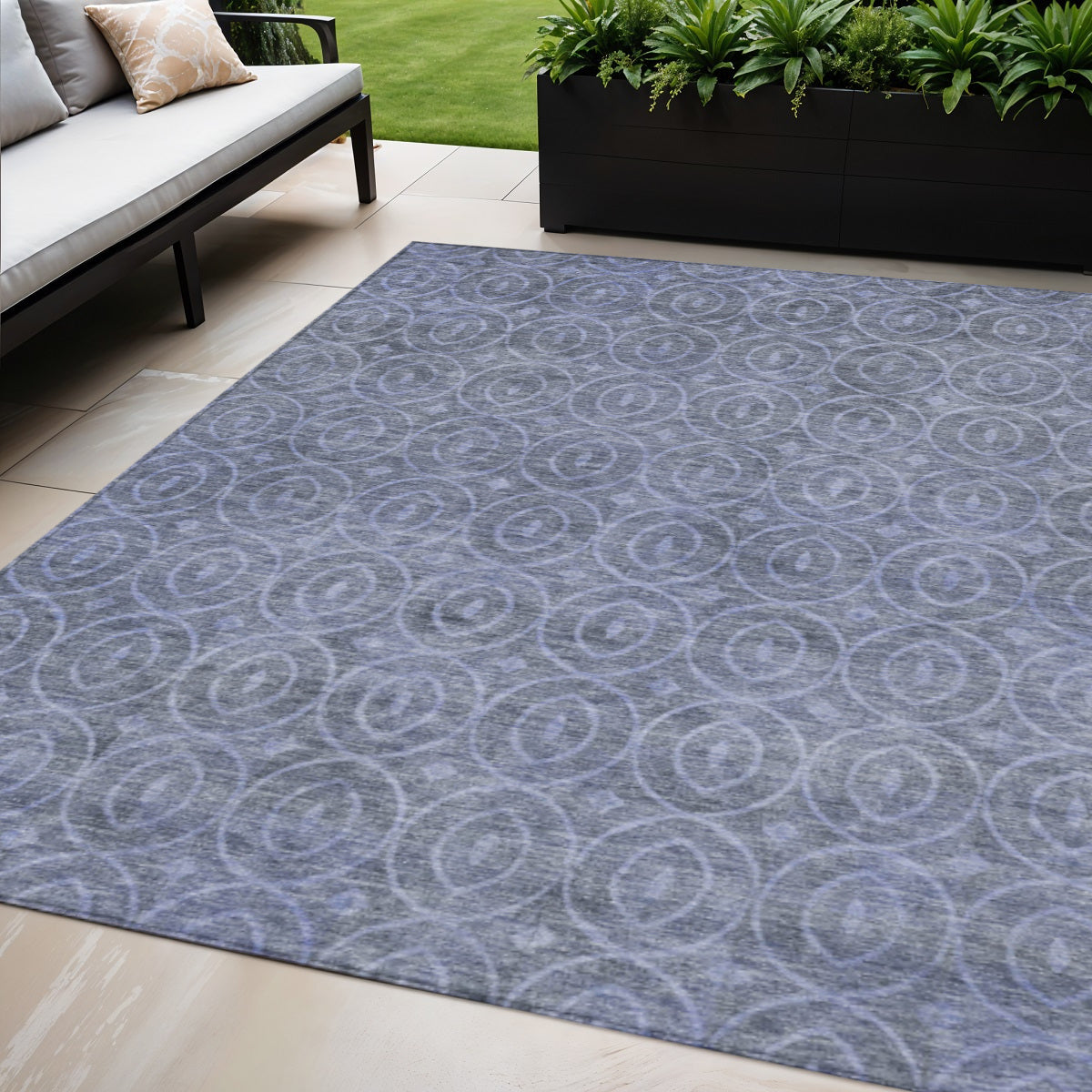5 X 8 Denim Blue Geometric Washable Indoor Outdoor Area Rug