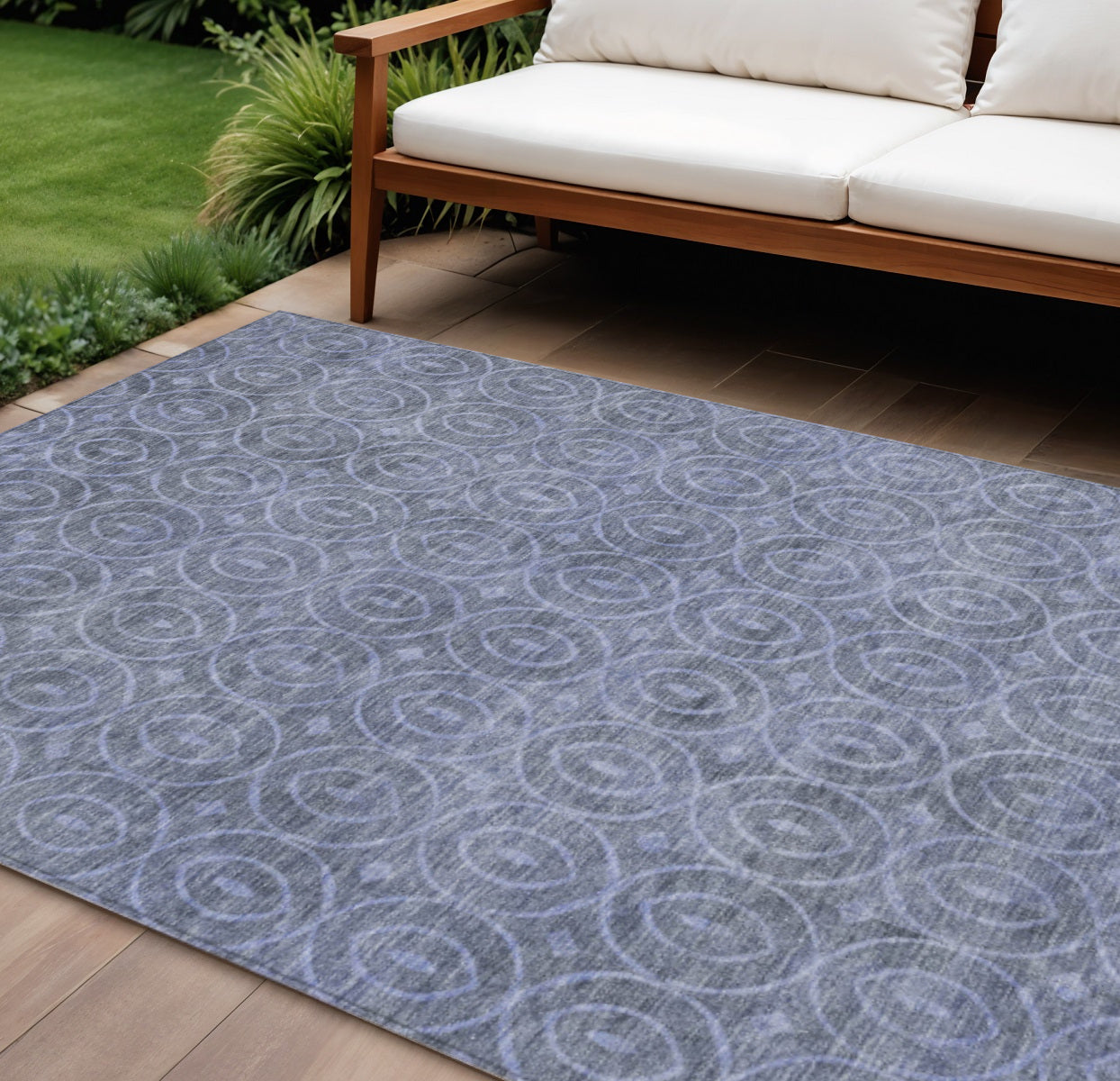 8 X 10 Denim Blue Geometric Washable Indoor Outdoor Area Rug