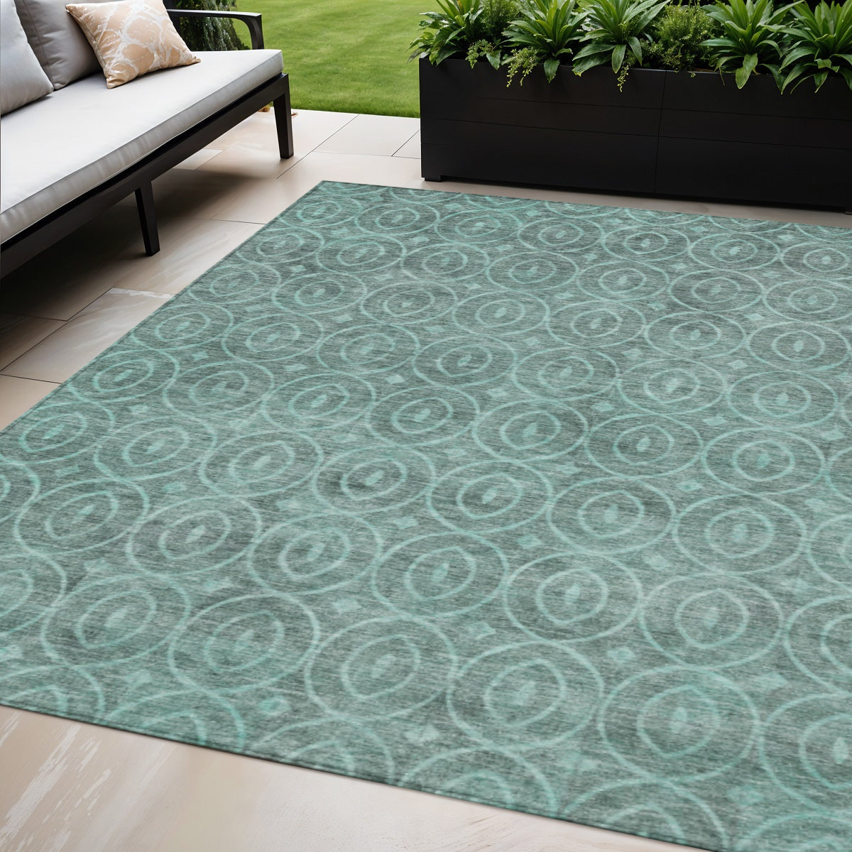 5 X 8 Teal Blue Geometric Washable Indoor Outdoor Area Rug