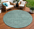 8 Teal Blue Round Geometric Washable Indoor Outdoor Area Rug