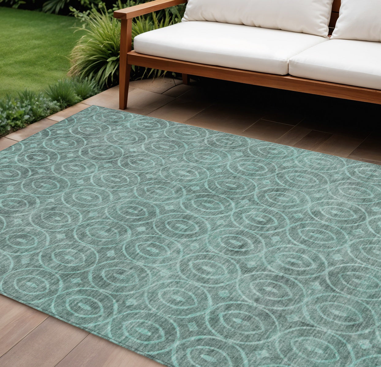8 X 10 Teal Blue Geometric Washable Indoor Outdoor Area Rug