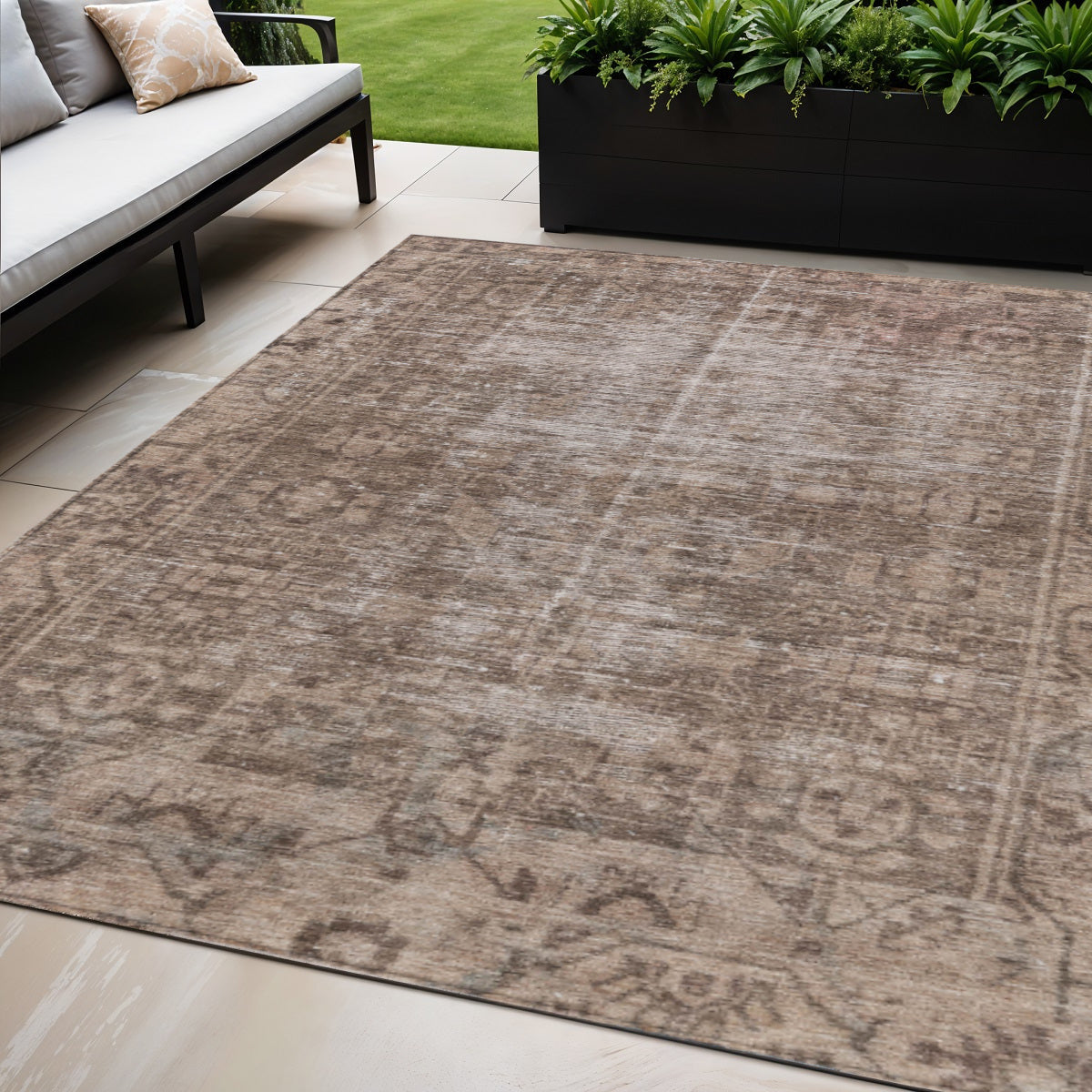 5 X 8 Brown Oriental Washable Indoor Outdoor Area Rug
