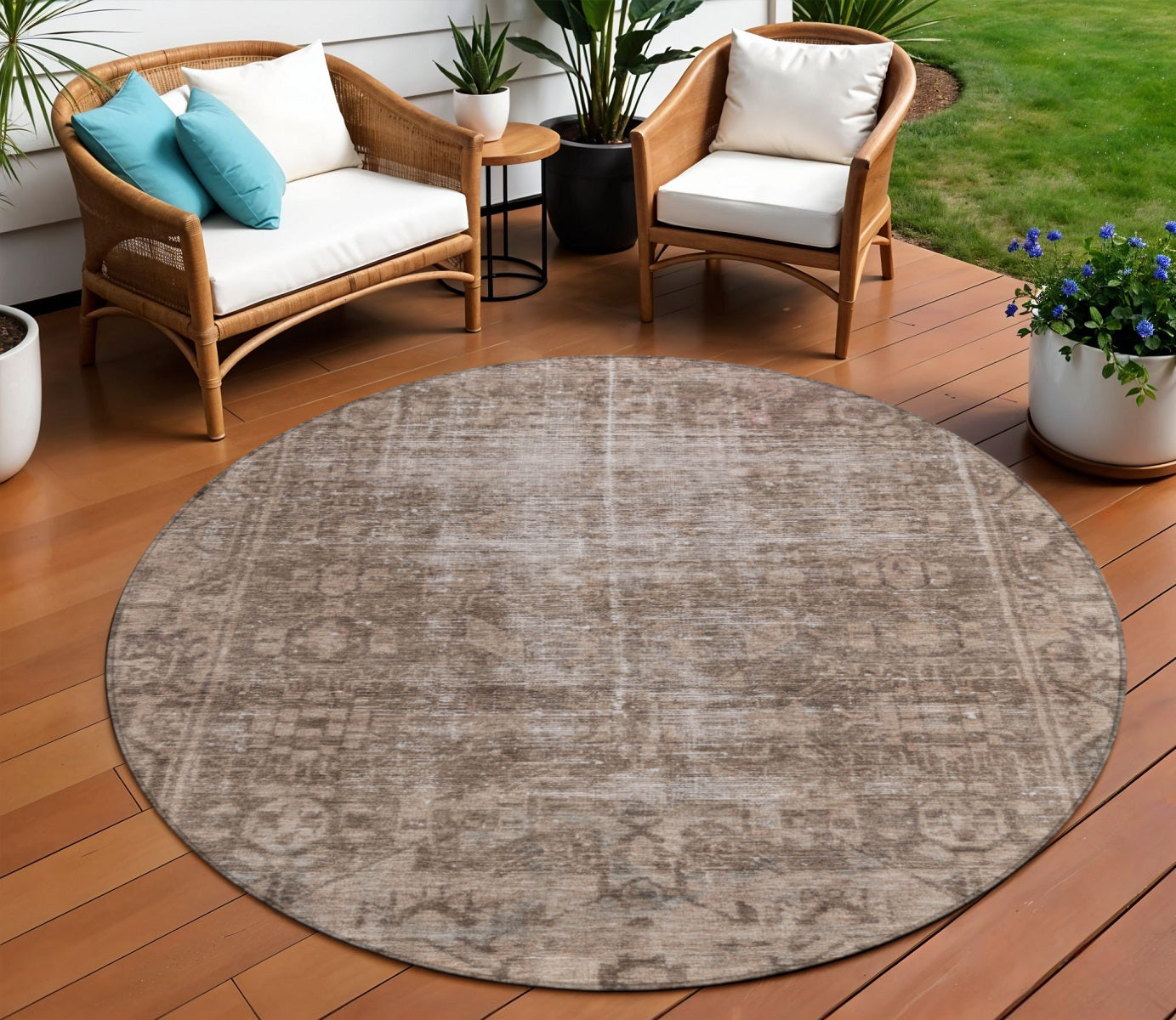 8 Brown Round Oriental Washable Indoor Outdoor Area Rug