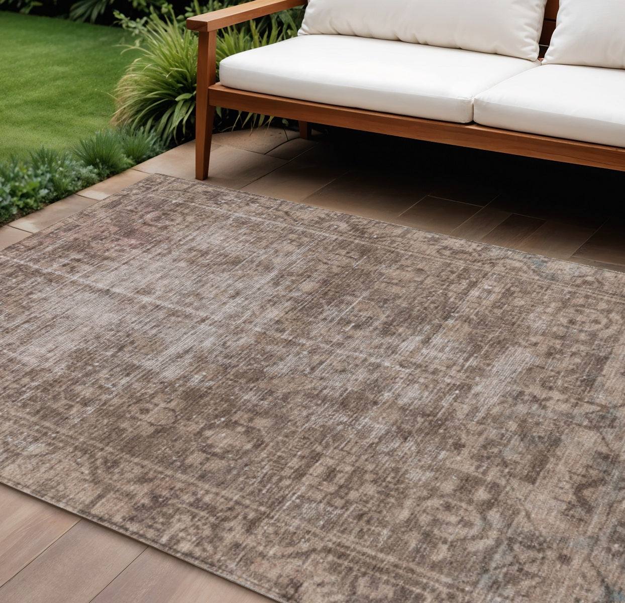 10 X 14 Brown Oriental Washable Indoor Outdoor Area Rug
