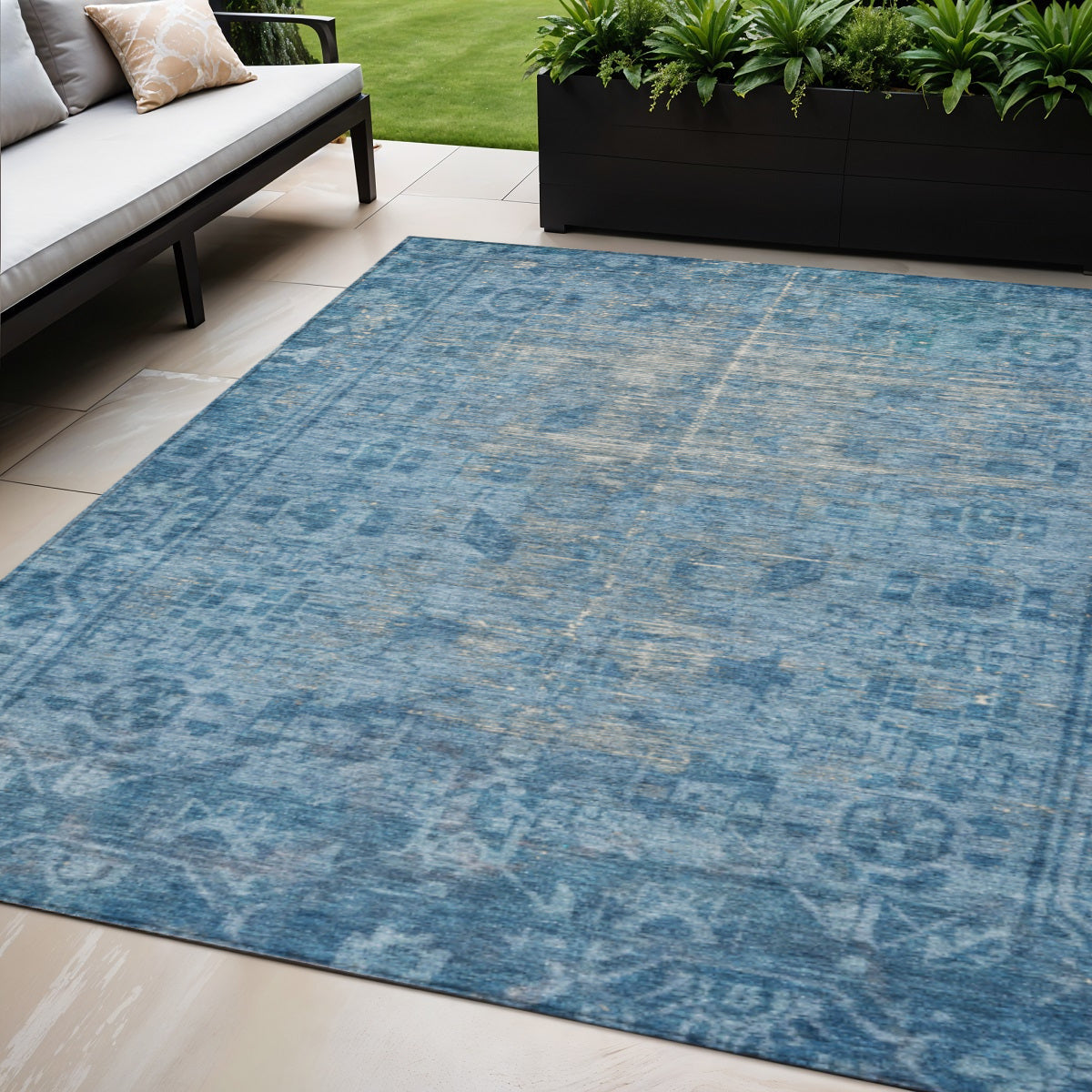 5 X 8 Blue Oriental Washable Indoor Outdoor Area Rug