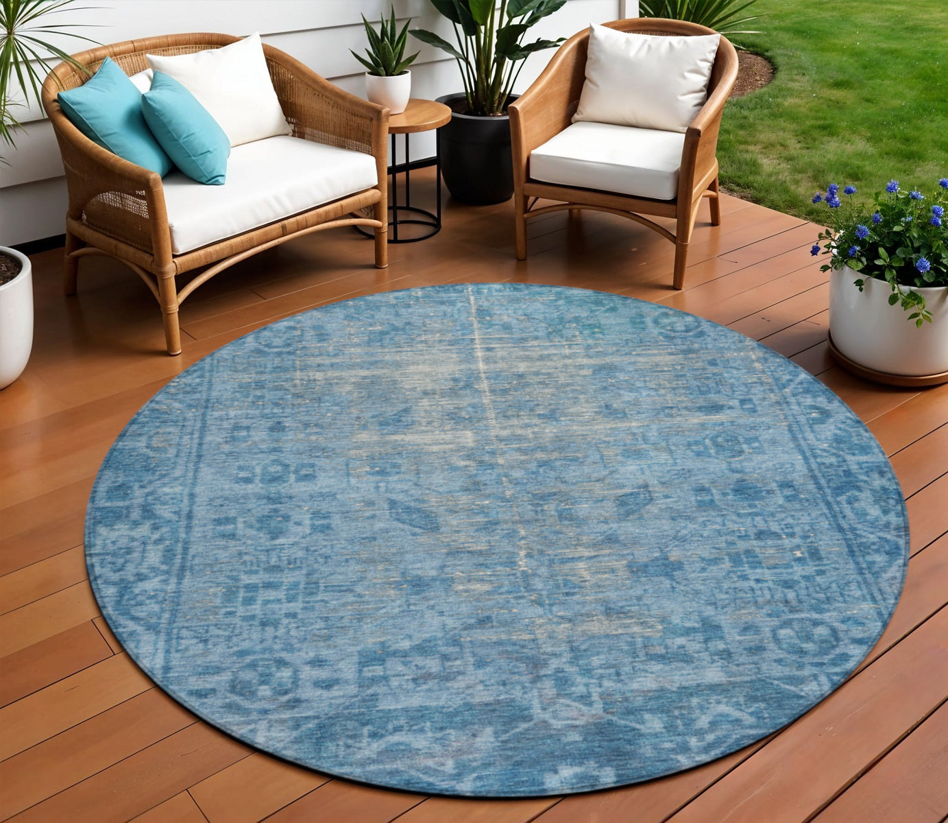 8 Blue Round Oriental Washable Indoor Outdoor Area Rug