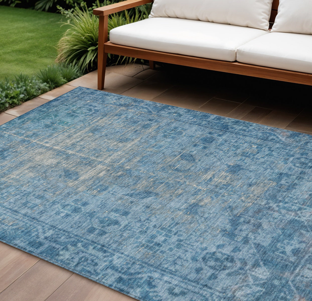 8 X 10 Blue Oriental Washable Indoor Outdoor Area Rug
