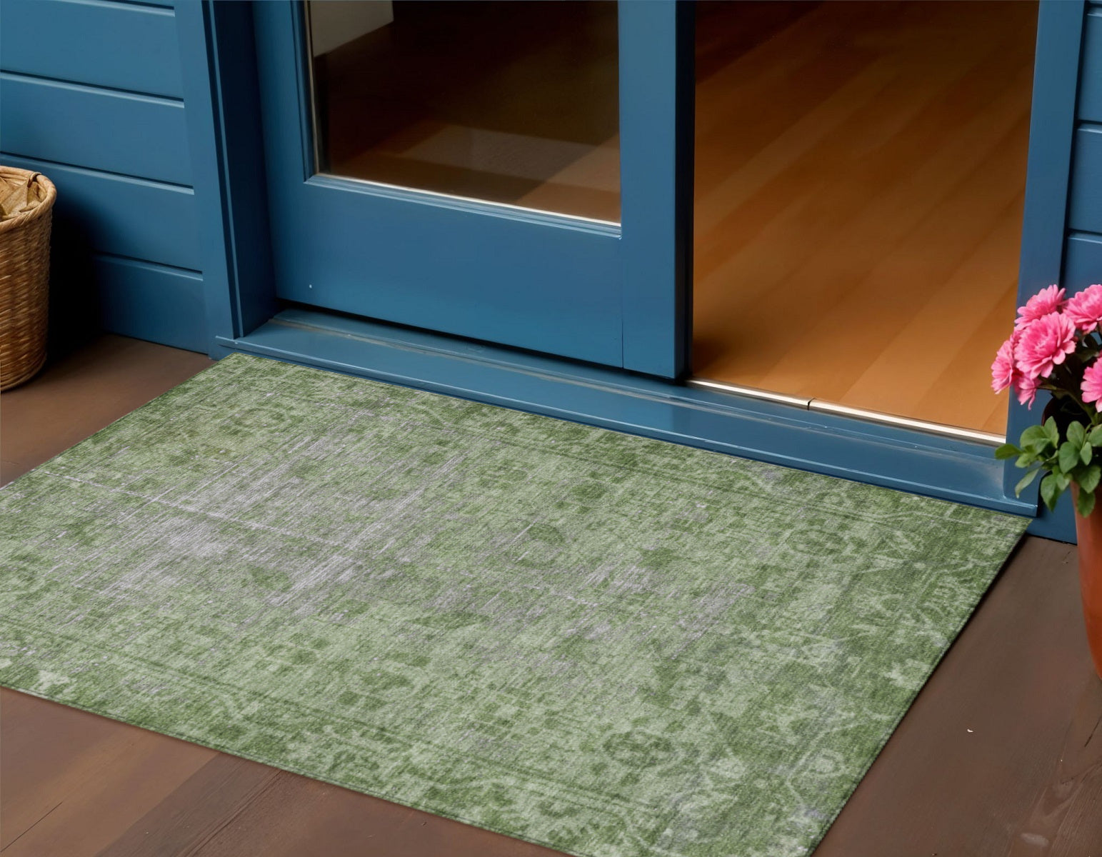3 X 5 Fern Green Oriental Washable Indoor Outdoor Area Rug
