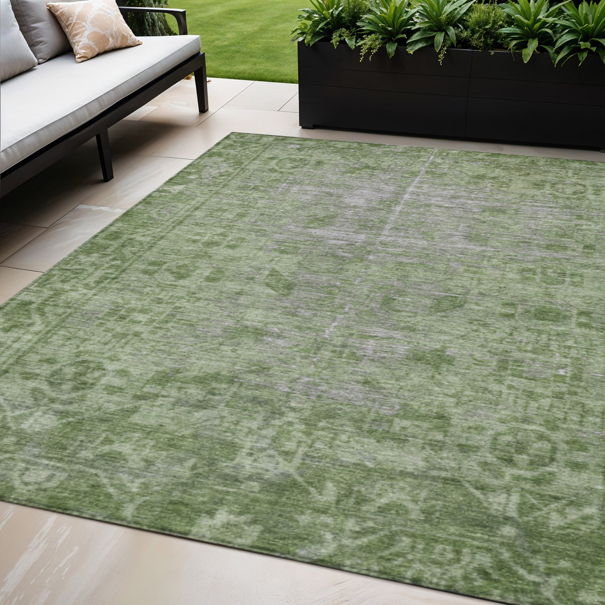 5 X 8 Fern Green Oriental Washable Indoor Outdoor Area Rug