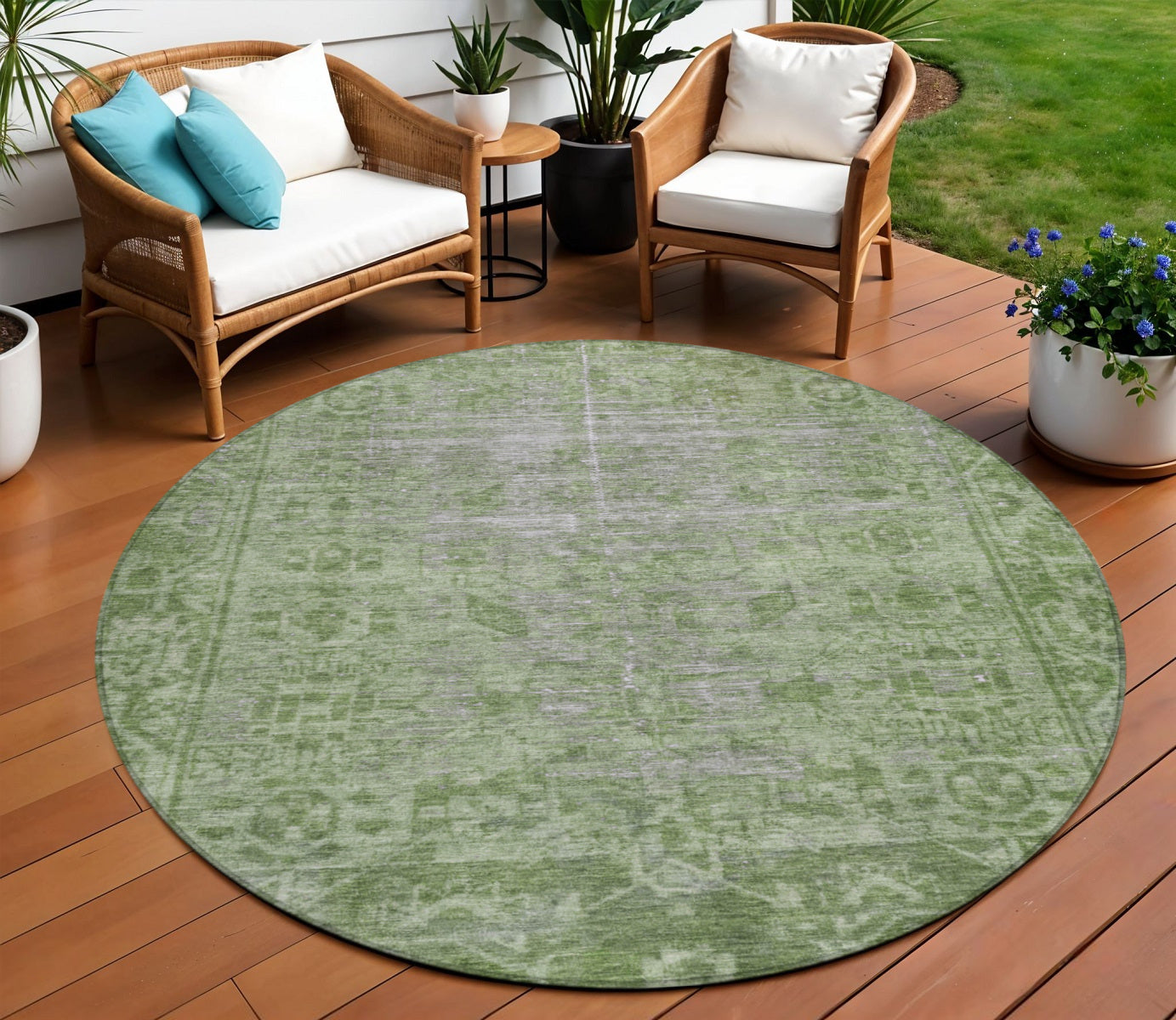 8 Fern Green Round Oriental Washable Indoor Outdoor Area Rug