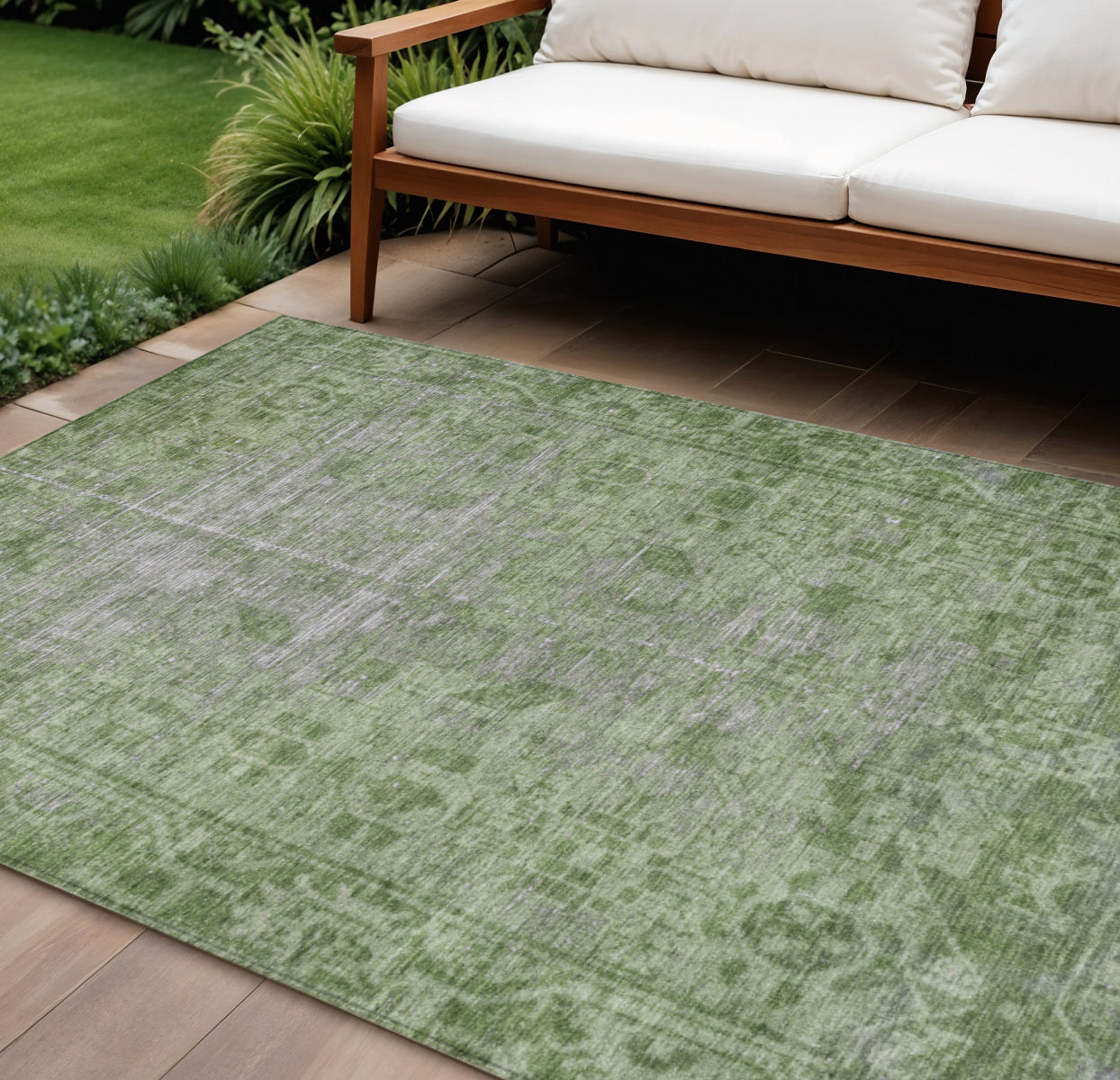 8 X 10 Fern Green Oriental Washable Indoor Outdoor Area Rug